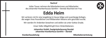 Traueranzeige von Edda Heim  von Magdeburger Volksstimme