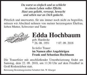 Traueranzeige von Edda Hochbaum  von Magdeburger Volksstimme