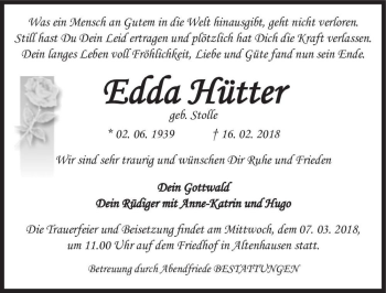 Traueranzeige von Edda Hütter (geb. Stolle)  von Magdeburger Volksstimme