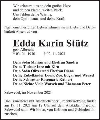 Traueranzeige von Edda Karin Stütz (geb. Albrecht)  von Magdeburger Volksstimme