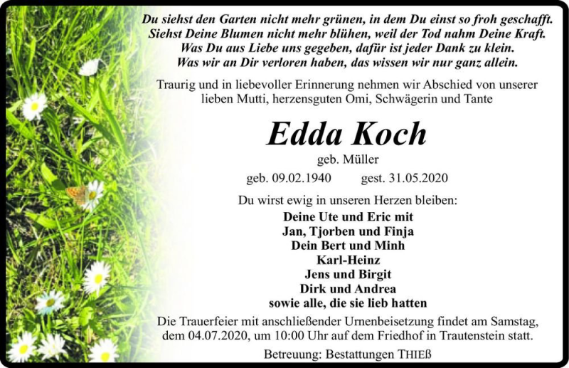  Traueranzeige für Edda Koch (geb. Müller)  vom 20.06.2020 aus Magdeburger Volksstimme