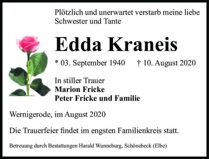  Traueranzeige für Edda Kraneis  vom 22.08.2020 aus Magdeburger Volksstimme