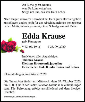 Traueranzeige von Edda Krause (geb. Pansegrau)  von Magdeburger Volksstimme