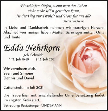 Traueranzeige von Edda Nehrkorn (geb. Schmidt)  von Magdeburger Volksstimme