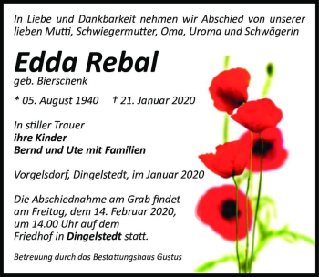 Traueranzeige von Edda Rebal (geb. Bierschenk)  von Magdeburger Volksstimme