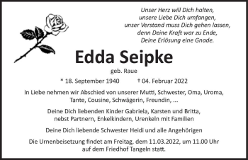 Traueranzeige von Edda Seipke (geb. Raue)  von Magdeburger Volksstimme
