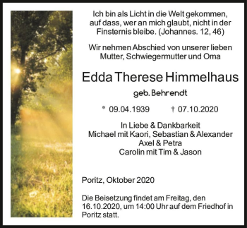 Traueranzeige von Edda Therese Himmelhaus (geb. Behrendt)  von Magdeburger Volksstimme