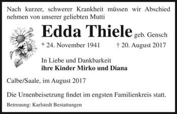 Traueranzeige von Edda Thiele (geb. Gensch)  von Magdeburger Volksstimme