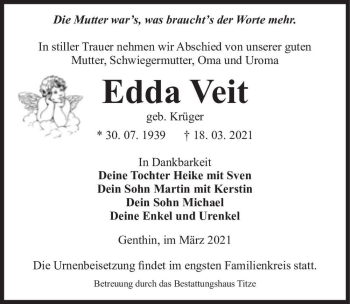 Traueranzeige von Edda Veit (geb. Krüger)  von Magdeburger Volksstimme