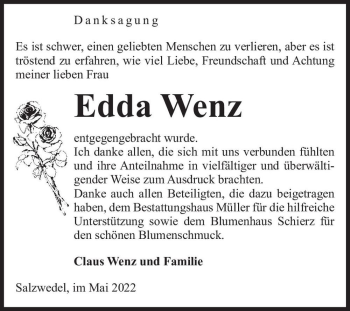Traueranzeige von Edda Wenz  von Magdeburger Volksstimme