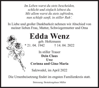 Traueranzeige von Edda Wenz (geb. Holtzmann)  von Magdeburger Volksstimme