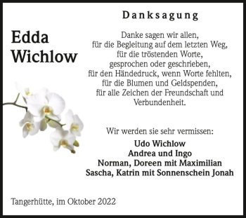 Traueranzeige von Edda Wichlow  von Magdeburger Volksstimme