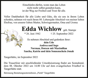Traueranzeige von Edda Wichlow (geb. Stampe)  von Magdeburger Volksstimme