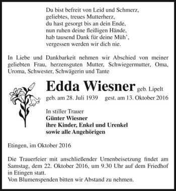 Traueranzeige von Edda Wiesner (geb. Lipelt)  von Magdeburger Volksstimme