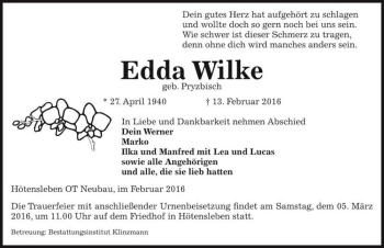 Traueranzeige von Edda Wilke (geb. Pryzbisch)  von Magdeburger Volksstimme