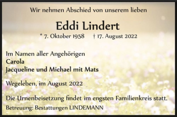 Traueranzeige von Eddi Lindert  von Magdeburger Volksstimme