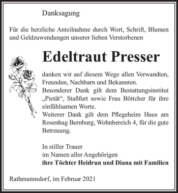 Traueranzeige von Edektraut Presser  von Magdeburger Volksstimme