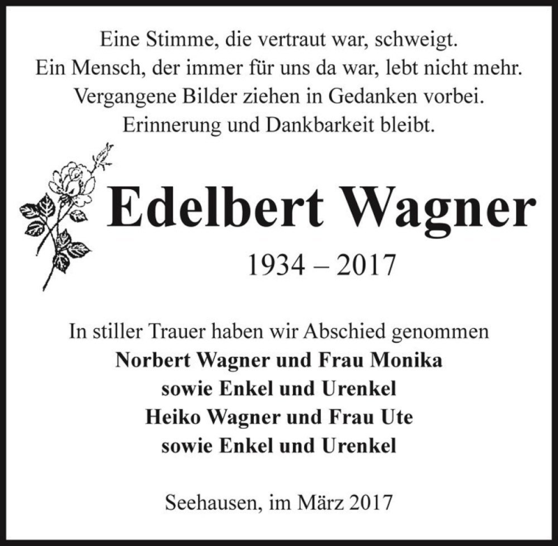  Traueranzeige für Edelbert Wagner  vom 29.03.2017 aus Magdeburger Volksstimme