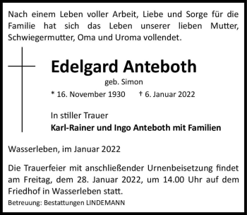 Traueranzeige von Edelgard Anteboth (geb. Simon)  von Magdeburger Volksstimme