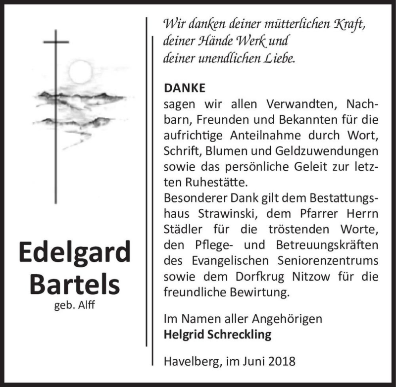  Traueranzeige für Edelgard Bartels (geb. Alff)  vom 29.06.2018 aus Magdeburger Volksstimme