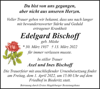 Traueranzeige von Edelgard Bischoff (geb. Müske)  von Magdeburger Volksstimme