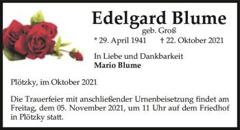 Traueranzeige von Edelgard Blume (geb. Groß)  von Magdeburger Volksstimme