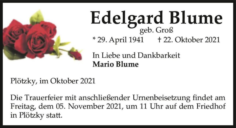 Traueranzeige für Edelgard Blume (geb. Groß)  vom 30.10.2021 aus Magdeburger Volksstimme