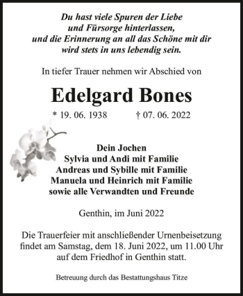Traueranzeige von Edelgard Bones  von Magdeburger Volksstimme