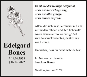 Traueranzeige von Edelgard Bones  von Magdeburger Volksstimme