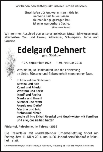 Traueranzeige von Edelgard Dehnert (geb. Gützkow)  von Magdeburger Volksstimme