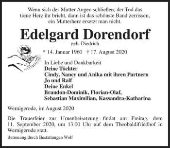Traueranzeige von Edelgard Dorendorf (geb. Diedrich)  von Magdeburger Volksstimme