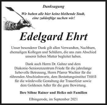 Traueranzeige von Edelgard Ehrt  von Magdeburger Volksstimme
