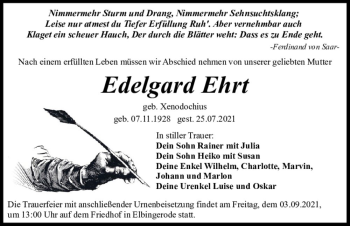 Traueranzeige von Edelgard Ehrt (geb. Xenodochius)  von Magdeburger Volksstimme
