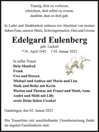 Traueranzeige von Edelgard Eulenberg (geb. Lackert)  von Magdeburger Volksstimme