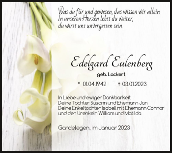 Traueranzeige von Edelgard Eulenberg (geb. Lackert)  von Magdeburger Volksstimme