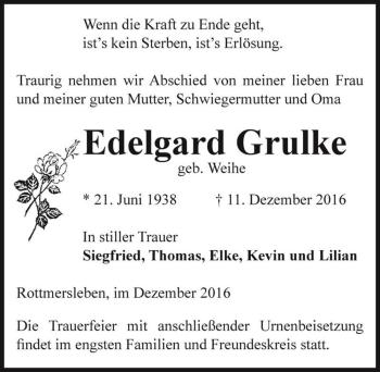 Traueranzeige von Edelgard Grulke (geb. Weihe)  von Magdeburger Volksstimme