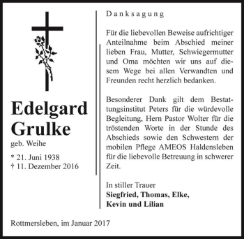 Traueranzeige von Edelgard Grulke (geb. Weihe)  von Magdeburger Volksstimme