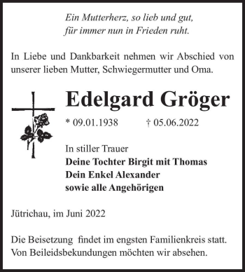 Traueranzeige von Edelgard Gröger  von Magdeburger Volksstimme