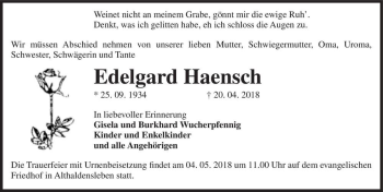 Traueranzeige von Edelgard Haensch  von Magdeburger Volksstimme