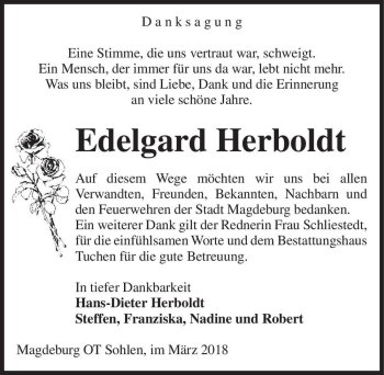 Traueranzeige von Edelgard Herboldt  von Magdeburger Volksstimme