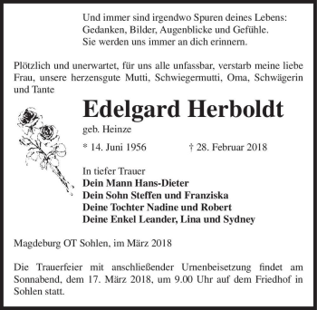 Traueranzeige von Edelgard Herboldt (geb. Heinze)  von Magdeburger Volksstimme