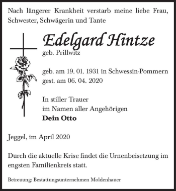 Traueranzeige von Edelgard Hintze (geb. Prillwitz)  von Magdeburger Volksstimme