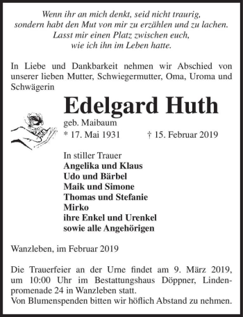 Traueranzeige von Edelgard Huth (geb. Maibaum)  von Magdeburger Volksstimme