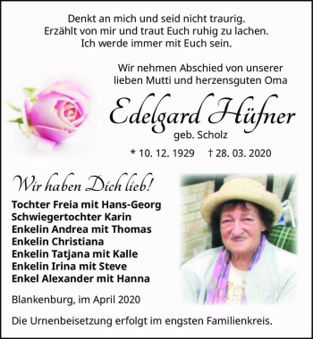 Traueranzeige von Edelgard Hüfner (geb. Scholz)  von Magdeburger Volksstimme