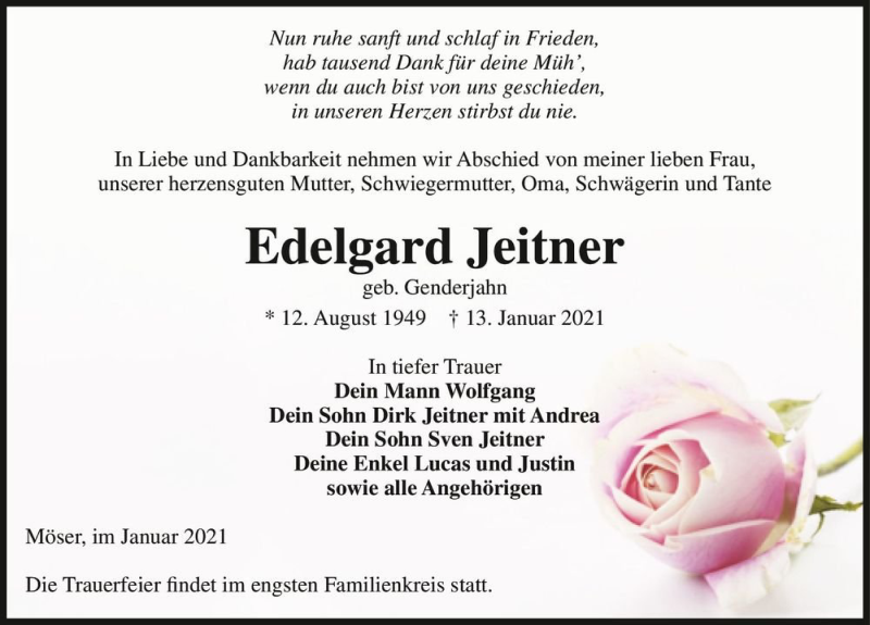  Traueranzeige für Edelgard Jeitner (geb. Genderjahn)  vom 30.01.2021 aus Magdeburger Volksstimme
