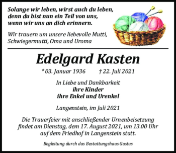 Traueranzeige von Edelgard Kasten  von Magdeburger Volksstimme