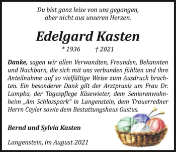Traueranzeige von Edelgard Kasten  von Magdeburger Volksstimme