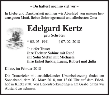 Traueranzeige von Edelgard Kertz (geb. Schröter)  von Magdeburger Volksstimme