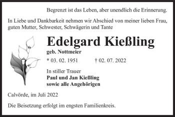 Traueranzeige von Edelgard Kießling (geb. Nottmeier)  von Magdeburger Volksstimme