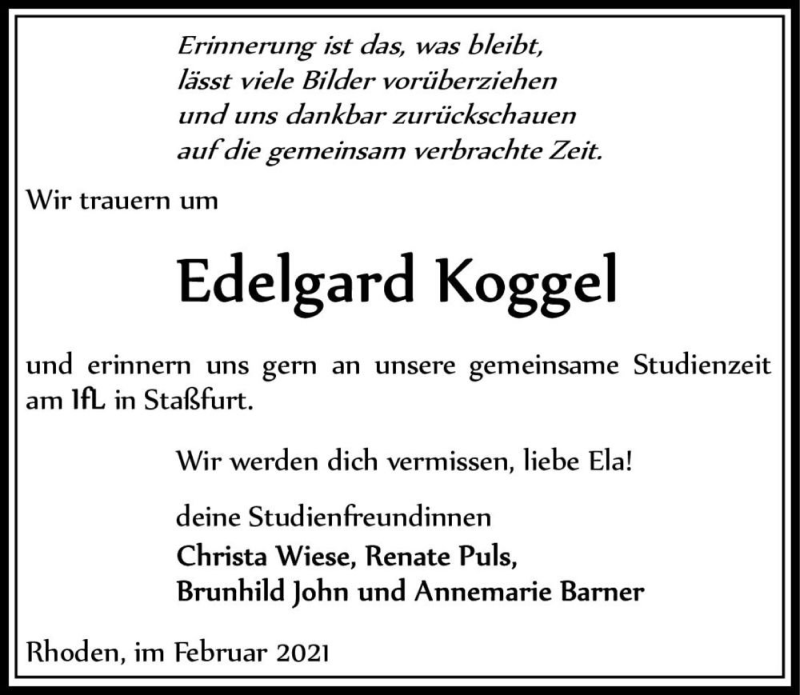  Traueranzeige für Edelgard Koggel  vom 20.02.2021 aus Magdeburger Volksstimme